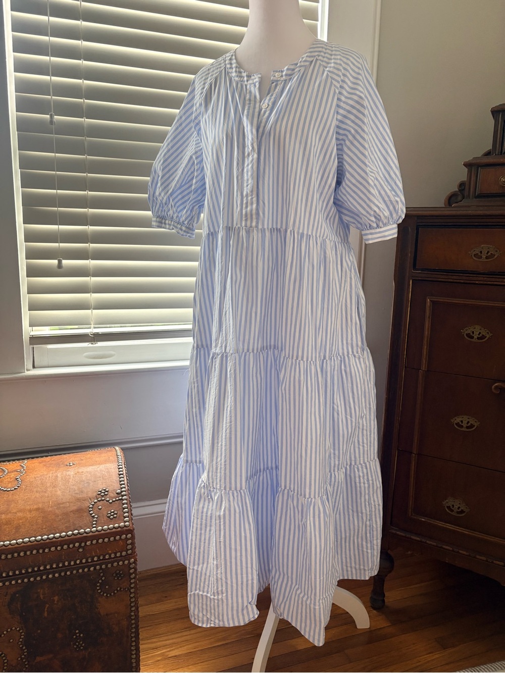 English Factory Blue and White Striped Midi Dress